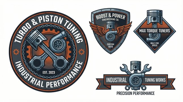 vintage automotive tuning and mechanic badges. retro garage logos with piston, turbocharger, wrench and gear elements. industrial performance concept. print, emblem, sticker, banner, website header.