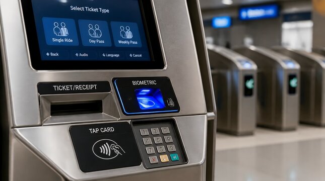 Modern automated ticket kiosk machine at a public transportation station with biometric scanner and contactless payment.