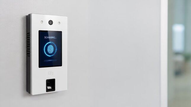 Modern Biometric Access Control System with Facial Recognition and Fingerprint Scanner on Office Wall.