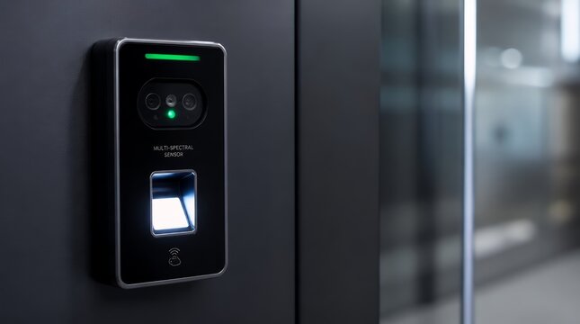 Modern Biometric Fingerprint Scanner and Intercom System on Office Door.
