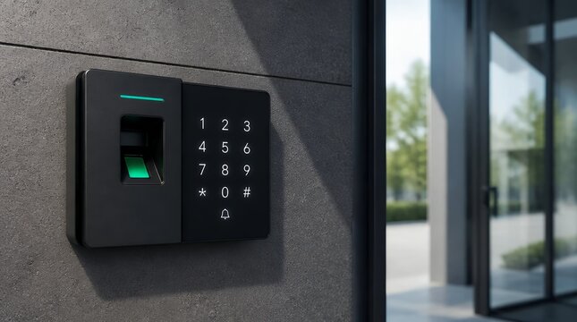 Modern Biometric Fingerprint Scanner and Keypad Entry System on Office Building Wall.