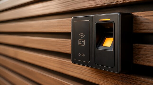 Modern biometric fingerprint scanner and RFID card reader mounted on wooden wall.