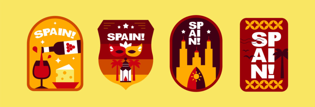 Spain Geometric Badge Set, Colorful Flat Design, Stickers and Labels
