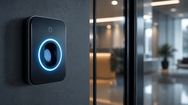 Modern biometric fingerprint scanner with blue light ring on office wall.