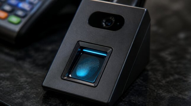 Modern Biometric Fingerprint Scanner with Blue Light for Secure Access Control and Identity Verification.
