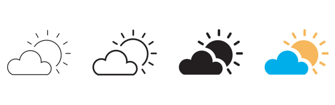 Minimalist weather icon set with sun and cloud, four variations of sunny and cloudy day symbols, flat vector weather forecast elements
