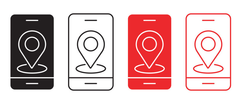 Mobile GPS navigation icons, smartphone map location pin set, digital tracking and delivery vector symbols, black and red phone interface elements