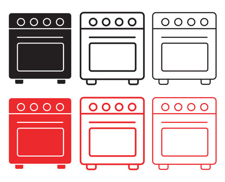 Kitchen oven icon set, modern stove vector collection in black and red, minimalist gas range appliance symbols for culinary design