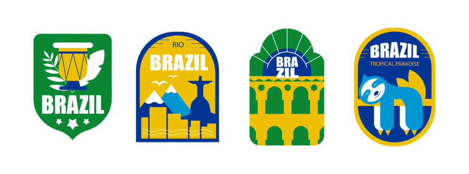 Brazil Geometric Badge Set, Colorful Flat Design Stickers, Labels with National Symbols