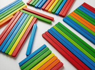 Fototapeta premium Colorful wooden sticks arranged in geometric patterns for early math learning. Primary color rods placed on clean white background for child education. Vibrant toy blocks used in school classroom for