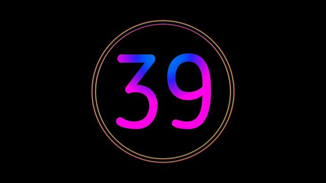 Neon Number 39 Animation Glowing flicking Gradient Blue Pink Digital Futuristic LED Numeric Loop Abstract Tech in Circle Light Motion Graphics Modern Minimal black background