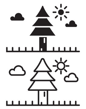 Minimalist pine tree landscape icons, black and white forest nature vector set, geometric evergreen tree with sun and clouds for UI design