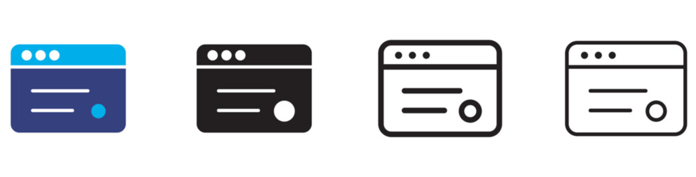 Modern browser window icon set, website interface symbols in flat and line styles, 4 digital browser layout vector elements for UI design