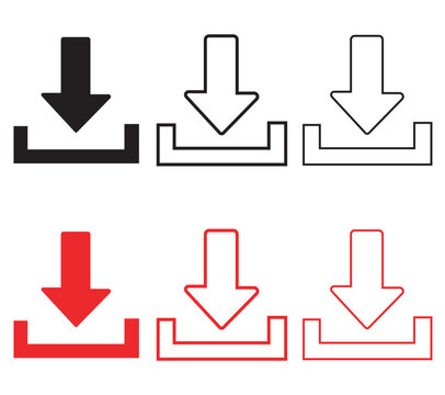 Download icon set with 6 vector elements, black and red arrow symbols for web interface, minimalist save and install buttons for digital apps
