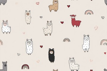 Fototapeta premium Cute and colorful llama patterns featuring adorable llamas surrounded by hearts and rainbows perfect for fabric stationery wallpapers and fun designs. Generative AI