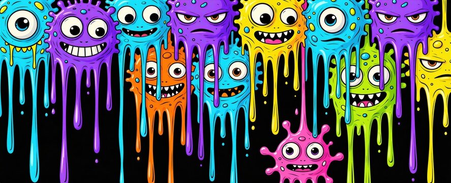 Colorful monsters drip down on black background. Vibrant alien creatures with funny faces melt in bright paint patterns. Abstract digital art features bizarre multi colored entities with wide eyes.