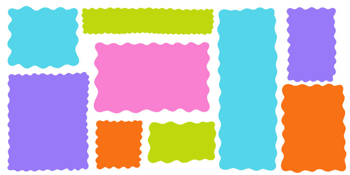 Irregular rectangle set. Hand drawn shape abstract bright wavy textbox frame. Scallop edge square rectangle frame banner organic paint line. Vector fluid geometric background