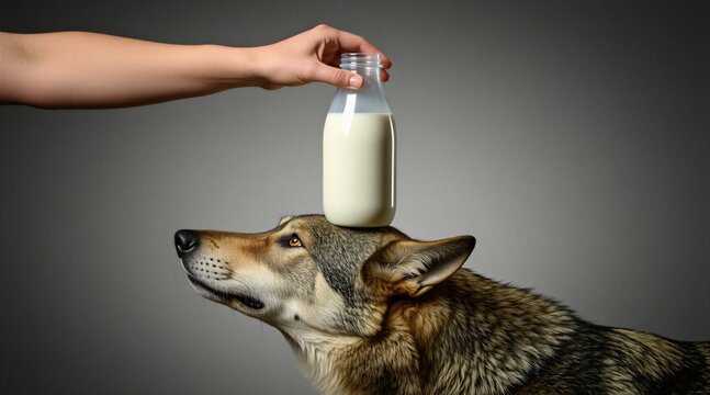 Person hand holds bottle with fresh white milk on head of wolf dog. Trained canine stands calm with dairy drink container balanced on top. Animal training session indoor studio. Pet obedience