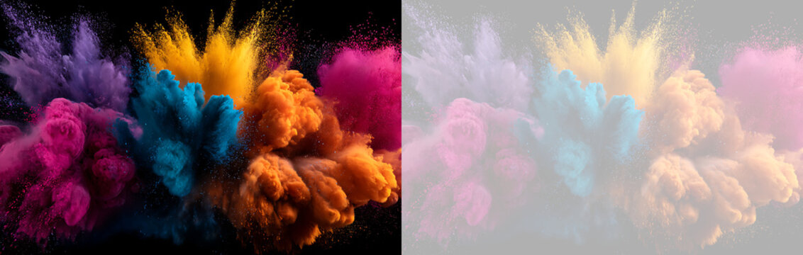 Vibrant holi powder smoke explosion banner isolated on transparent and black background. Multicolored color splash overlay