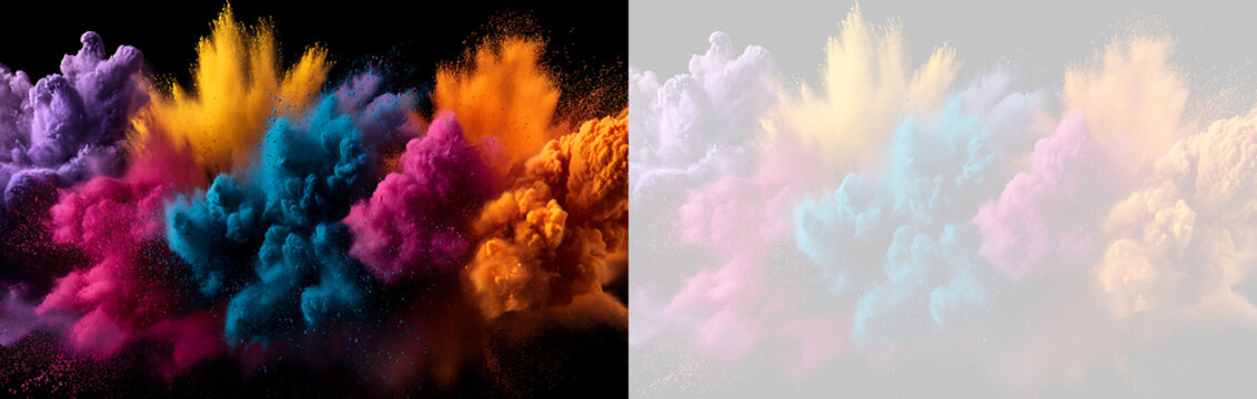 Panoramic colorful powder explosion isolated on transparent and black background. Holi festival color burst overlay element