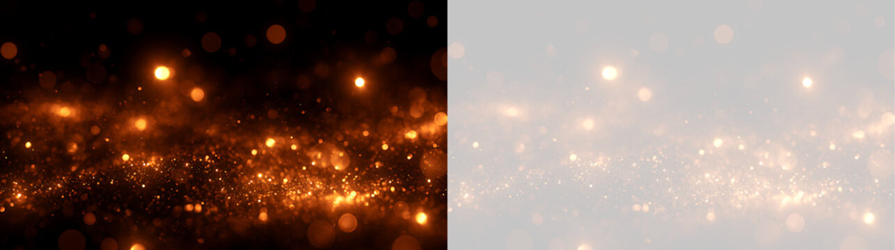 Golden glowing bokeh lights and sparkle particles overlay banner. Floating glitter dust on alpha transparent grid