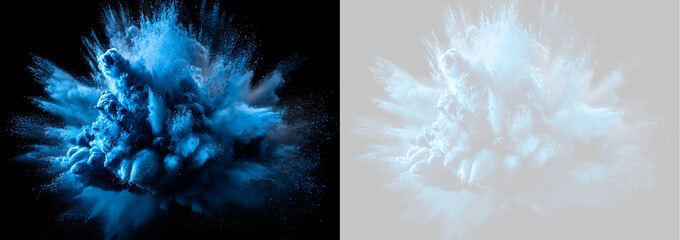 Dynamic blue dust explosion isolated on transparent and dark background. Holi color powder cloud effect © TeTi