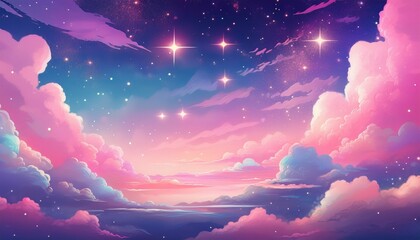Fototapeta premium Dreamy Pastel Cloudscape With Stars And Magical Pink Sky