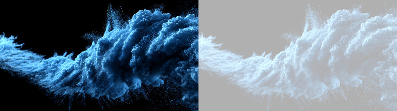 Abstract blue powder explosion wave effect. Dynamic smoke cloud burst design element on transparent background