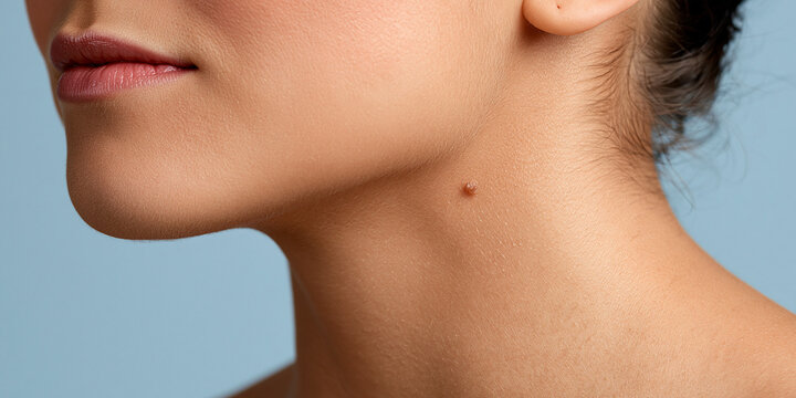 Close-up do pesco&ccedil;o de uma mulher jovem com uma pinta (nevo) vis&iacute;vel, conceito de dermatologia, est&eacute;tica e sa&uacute;de da pele.