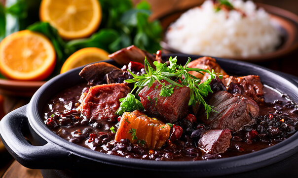 Traditional Brazilian feijoada black bean stew with pork in black clay pot