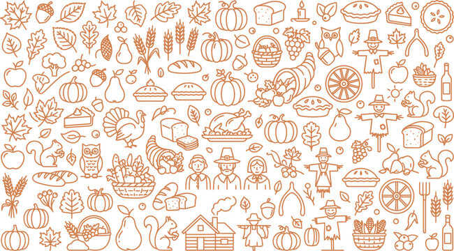 Thanksgiving day seamless pattern fall harvest icons with turkey pie autumn leaves