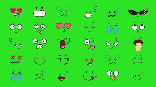 2D Hand Drawn Cute Face Expressions Collection Pack Green Screen Overlay