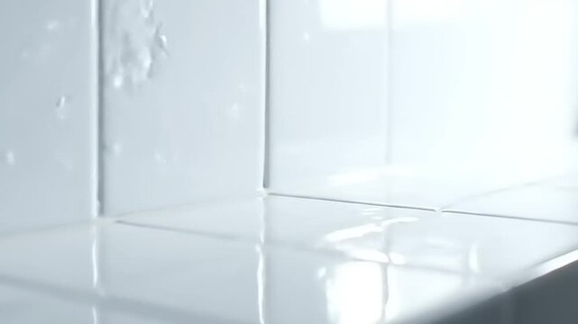 Close up of water droplets on clean white tiled wall and floor.
