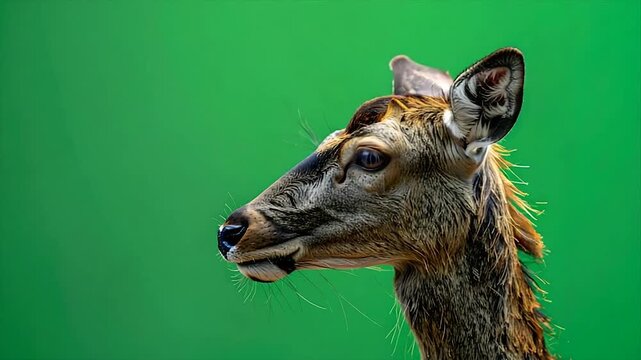 Close-up of a wet deer head, side profile against a vibrant green background