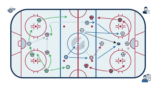 Ice hockey rink tactics diagram with game strategy play vectors and player positions