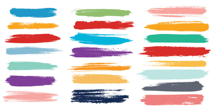 Colored highlighter bold horizontal lines set. Brush drawn vector stripes with dry brush texture.