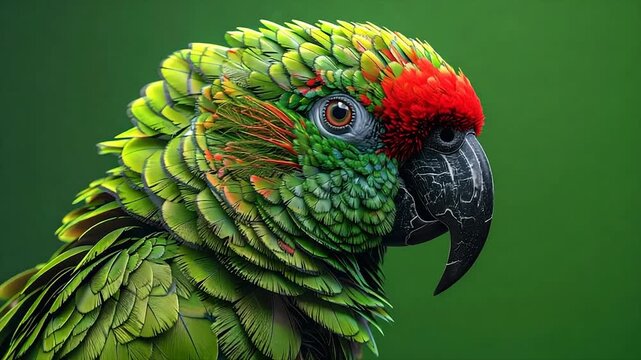 A close-up portrait of a colorful parrot with vibrant green and red plumage and a dark beak