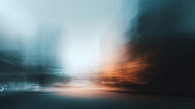 An abstract cityscape blur in motion with soft blue and orange hues. Evokes urban energy and speed. Ideal for backgrounds, web design, and creative projects. Use to convey dynamism. 200 characters