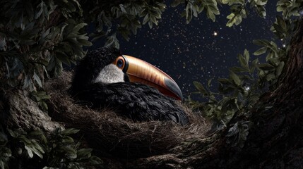 Obraz premium A toucan rests in its nest of twigs and leaves, night sky visible beyond the foliage. The bird?s large beak is prominent
