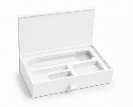 pen white premium gift box with custom inner tray and ribbon pull tab, isolated on white background. Elegant packaging mockup for a corporate pen, cosmetics, or electronics.