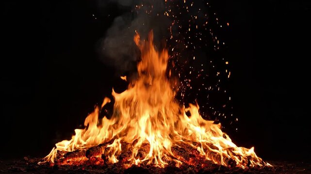 Bonfire Blaze: A vibrant bonfire crackles and sparks against a dark night sky, casting a warm, inviting glow.