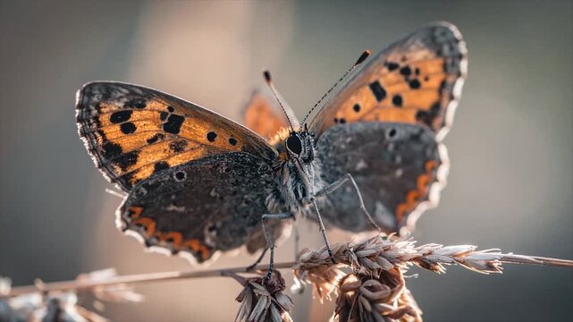 A butterfly with orange and brown patterned wings sits on a plant stem, close-up shot