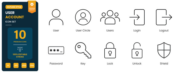 user account profile icon line style login security editable stroke vector set © VectorVista