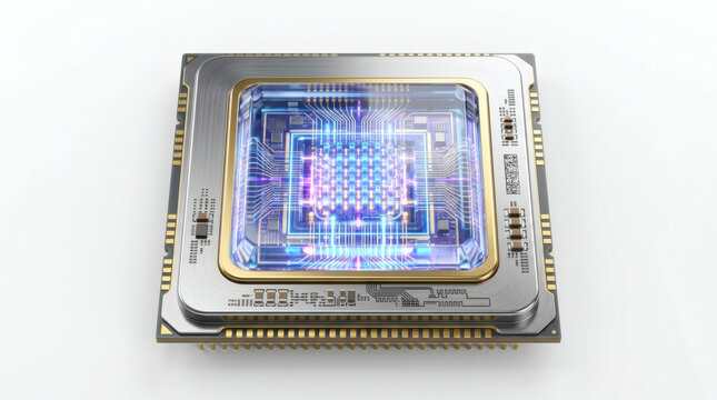 Quantum computing processor chip on white background. Advanced microcircuit for supercomputing and AI technology development.