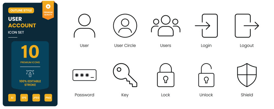 user account profile icon line style login security editable stroke vector set