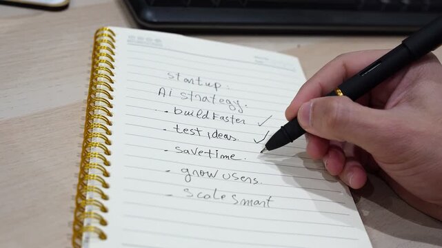 shot of a hand using a black pen to check off a startup AI strategy list in a spiral notebook. The handwritten notes about scaling smart sit on a wooden desk near a computer keyboard.