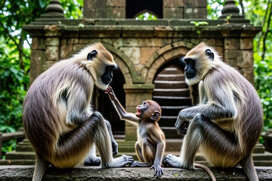 Three langur monkeys interact near ancient stone ruins. A baby monkey reaches out towards an adult monkey. They are in a rich green forest setting. This primate family scene is touching and cute.