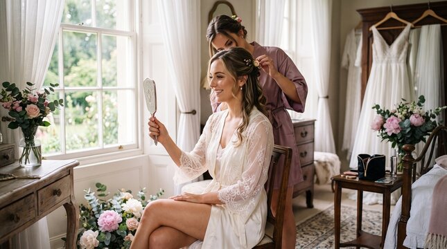 Bride getting ready on wedding day with bridesmaid doing her hair and makeup in a luxurious room