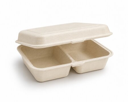 Half-open eco-friendly takeout food container with two compartments isolated on white. Biodegradable bagasse clamshell packaging mockup for restaurant delivery.