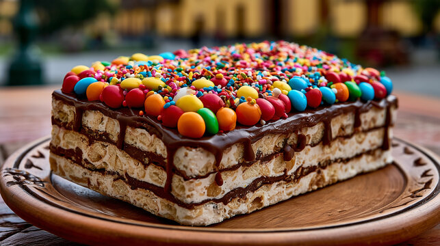Traditional Peruvian Turron de Dona Pepa Dessert with Chocolate Dripping and Colorful Sprinkles